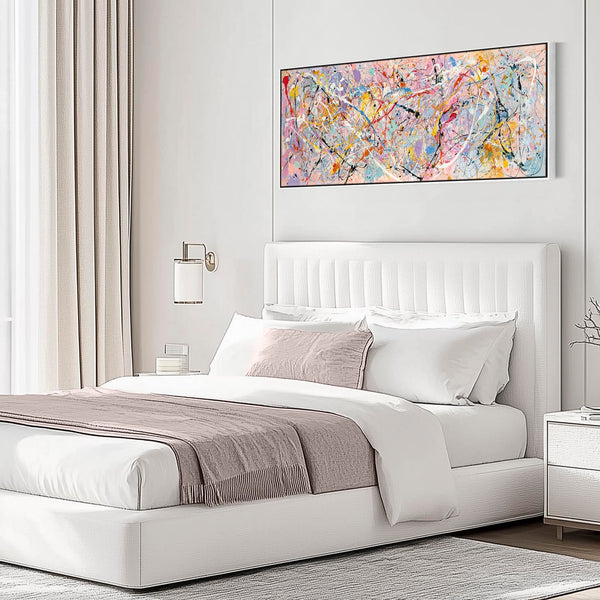 Wide Awake Bright Bedroom with Abstract Colourful Wall Art