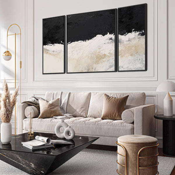 Set of 3 Neutral Beige Black Framed Canvas Wall Art Abstract Wave