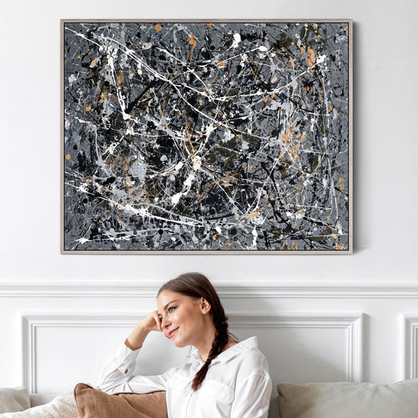 Steel Grey Jackson Pollock Style Framed Canvas Artwork - Storm