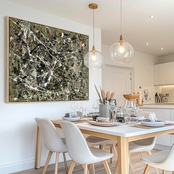 Olive Sage Green Abstract Framed Canvas - Jackson Pollock Style