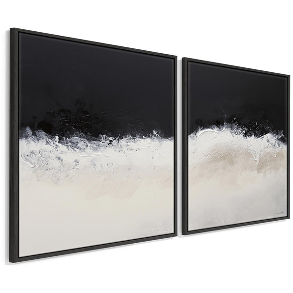 Large Set of 2 Framed Wall Art Canvas Print of Cream Neutral Black Abstract Shores