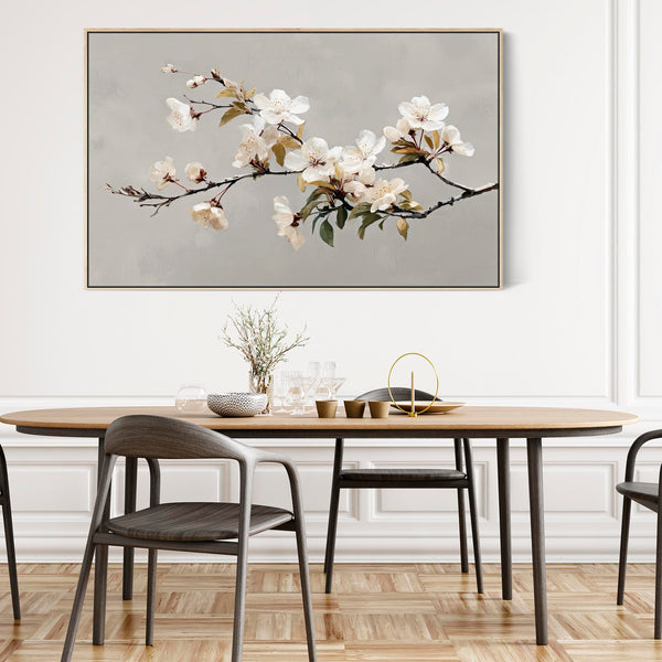 Large Cream Grey Framed Scandi Canvas Wall Art Spring Blossom