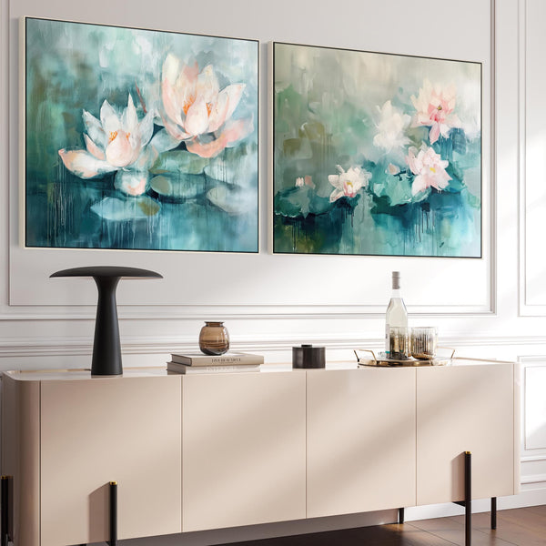 Extra Large Pair Framed Canvas Art - Floral Set 2 Pink Green