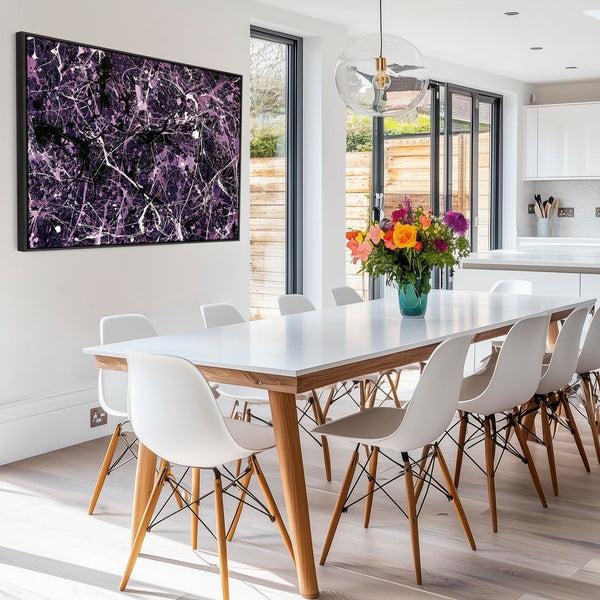 Purple Aubergine Framed Abstract Canvas - Jackson Pollock Style