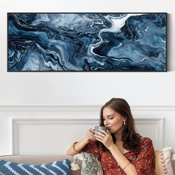 Blue White Abstract Artwork Framed Wide Panoramic - Ocean Sway