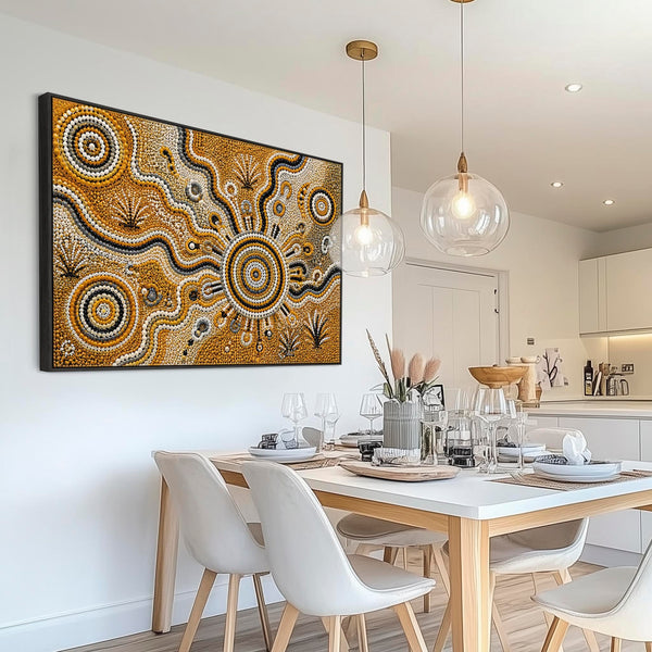Mustard Yellow Abstract Framed Aboriginal Canvas Print - Kitarra