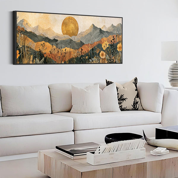 Wide Orange Grey Abstract Landscape - Boho Framed Canvas Art