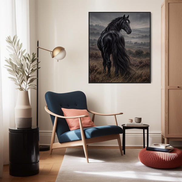 Black Friesian Horse Framed Canvas Wall Art - Turning for Home