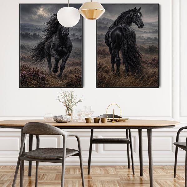 Black Friesian Horses - Majestic - Framed Pair Canvases Set 2