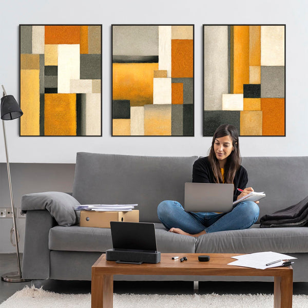 Set of 3 Mustard Yellow Orange Abstract Wall Art Framed - Geometric Warmth