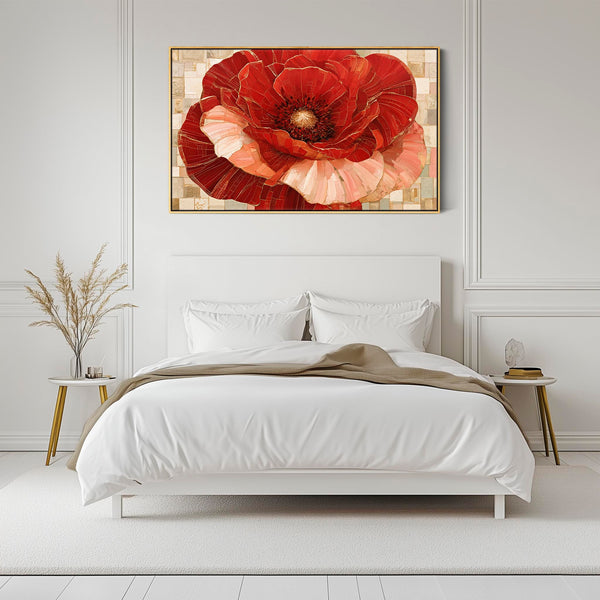 Large Red Gold Cream Floral Gustav Klimt inspired Framed Canvas