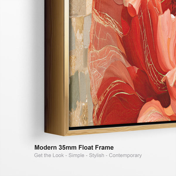 Wide Red Gold Cream Floral Bedroom Framed Canvas for Over bed