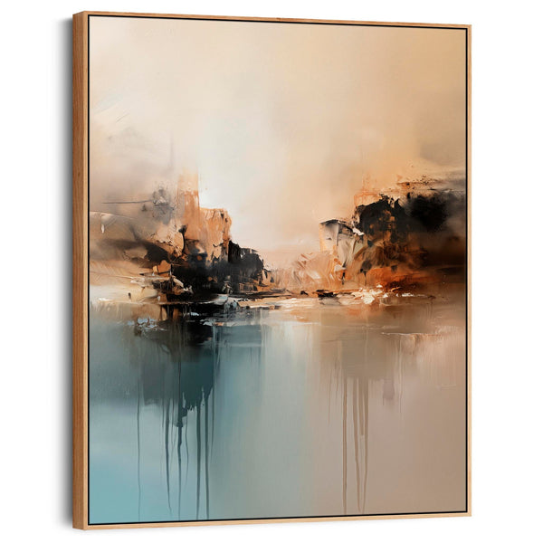 Golden Teal Sunrise Framed Abstract Canvas