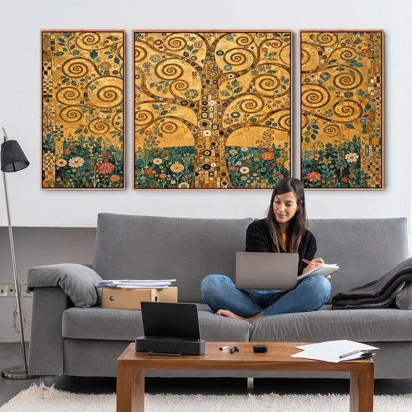 Set 3 Gustav Klimt inspired Framed Canvases Golden Tree of Life