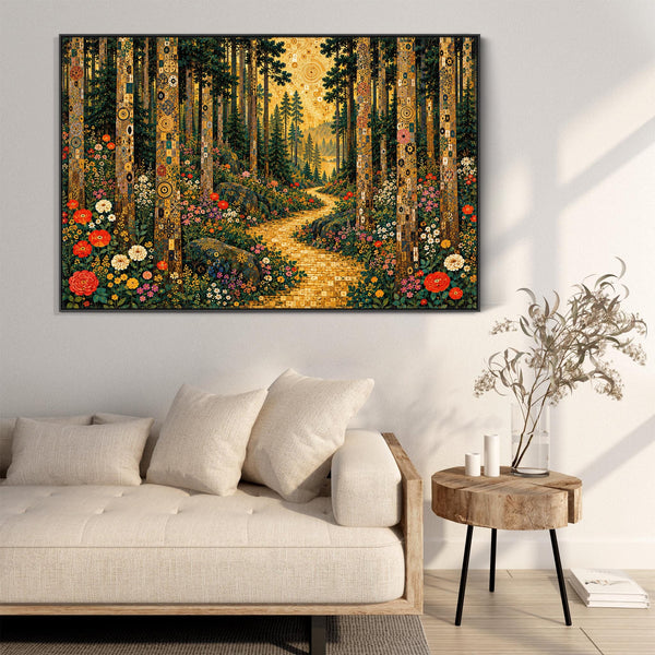 Large Gustav Klimt inspired Framed Canvas - Golden Trees Path
