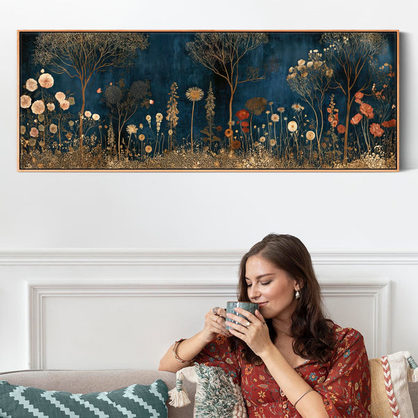 Wide Gustav Klimt inspired Framed Canvas - Golden Wildflower