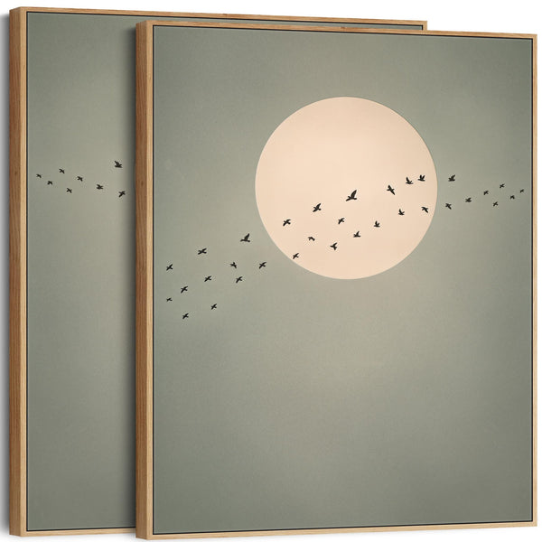 Framed Set of 2 Canvas Artwork Japandi Moon Birds - Migration