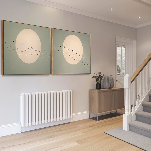 Japandi Moon - Flight Birds - Framed Canvas - Sage Green - Set of 2 Pictures