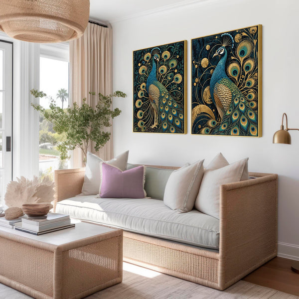 Maximalist Peacock Gold Opulence - Framed Canvas Art - Set of 2