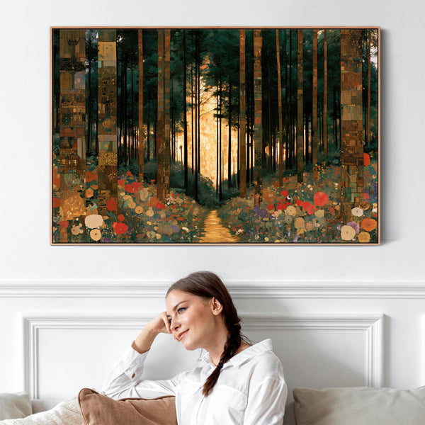 Large Green Gustav Klimt inspired Framed Art - Enchanted Trees