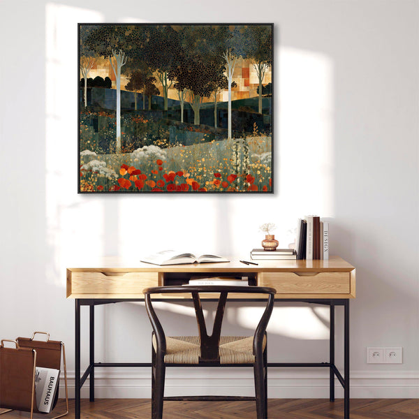 Green Teal Framed Canvas - Gustav Klimt Inspired Golden Forest