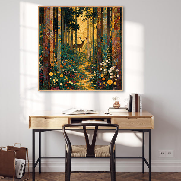 Big Gustav Klimt inspired Framed Trees Canvas Art - Forest Stag