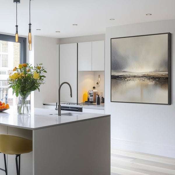 Greige Abstract Landsape Framed Artwork on Canvas for Kitchen Diner Grey Beige