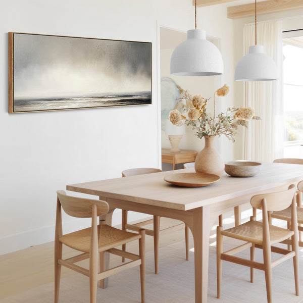 Grey Neutral Long Framed Wide Canvas Art Panoramic Abstract Landscape for Kitchen