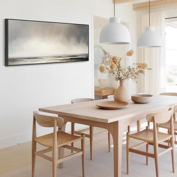 Grey Neutral Long Framed Wide Canvas Art Panoramic Abstract Landscape for Kitchen