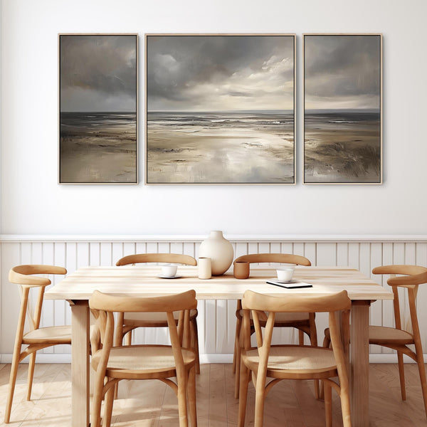 Extra Large Grey Neutral Set of 3 Framed Canvas Abstract - Dream Horizon