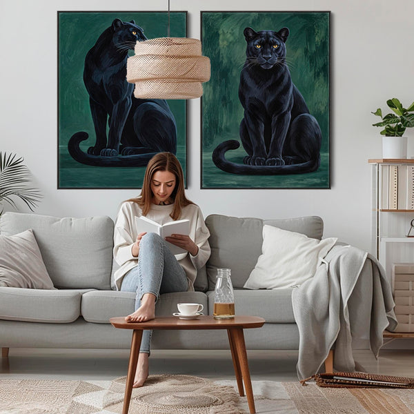 Guardians - Black Green Panthers - Framed Pair Canvases - Set 2
