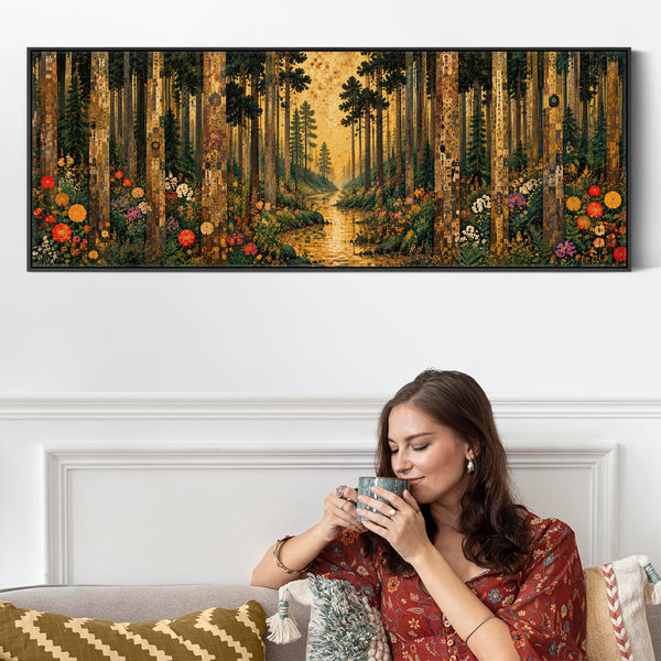 Wide Gustav Klimt inspired Framed Canvas Art - Colourful Forest