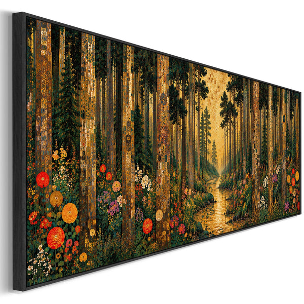 Wide Gustav Klimt inspired Framed Canvas Art - Colourful Forest