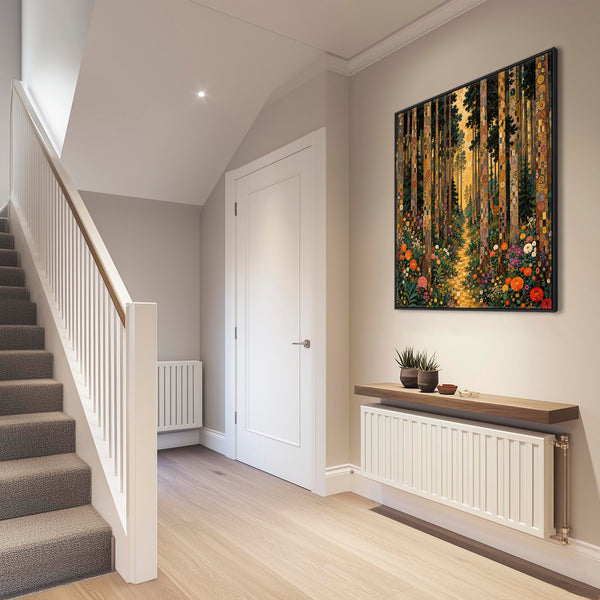 Forest Light Gustav Klimt inspired Framed Canvas - Green Gold