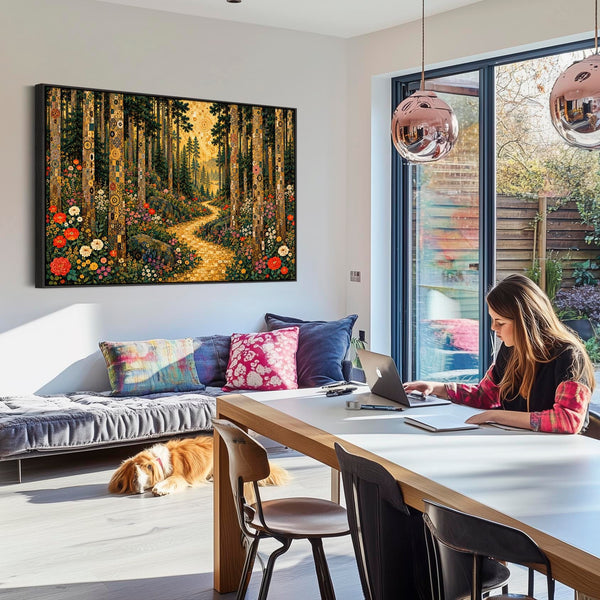 Large Gustav Klimt inspired Framed Canvas - Golden Trees Path
