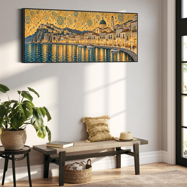 Wide Golden Yellow Blue Framed Canvas Gustav Klimt Harbour Glow