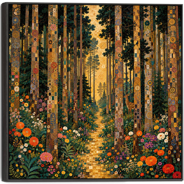 Forest Light Gustav Klimt inspired Framed Canvas - Green Gold