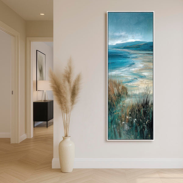 Tall Irish Coastal Framed Wall Art Canvas - Teal Blue - Storm