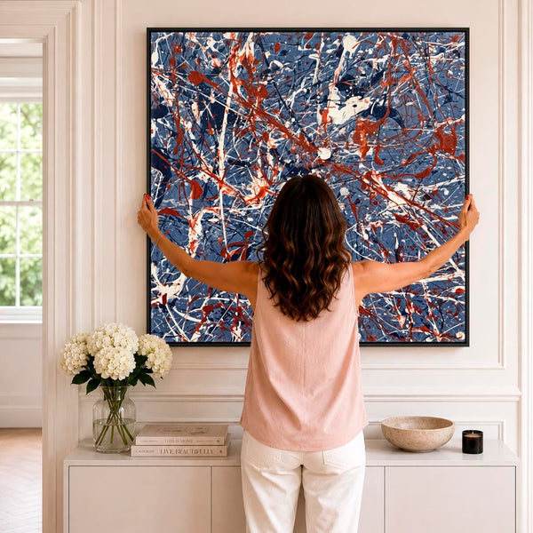 Living Room Framed Canvas Abstract Jackson Pollock Style Blue