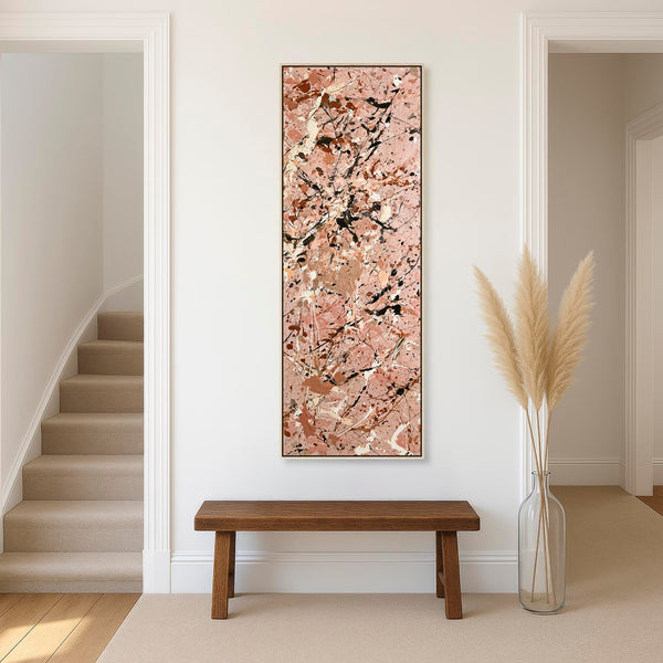 Tall Framed Abstract Wall Art Peach Pink Jackson Pollock Style