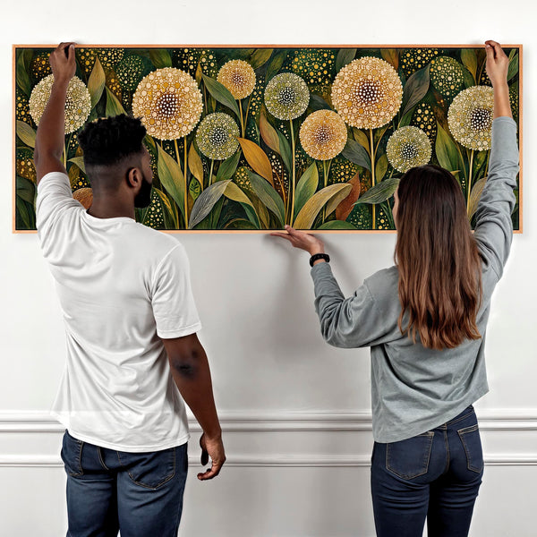 Wide Bedroom Framed Canvas - Green Cream Upright Art over Bed