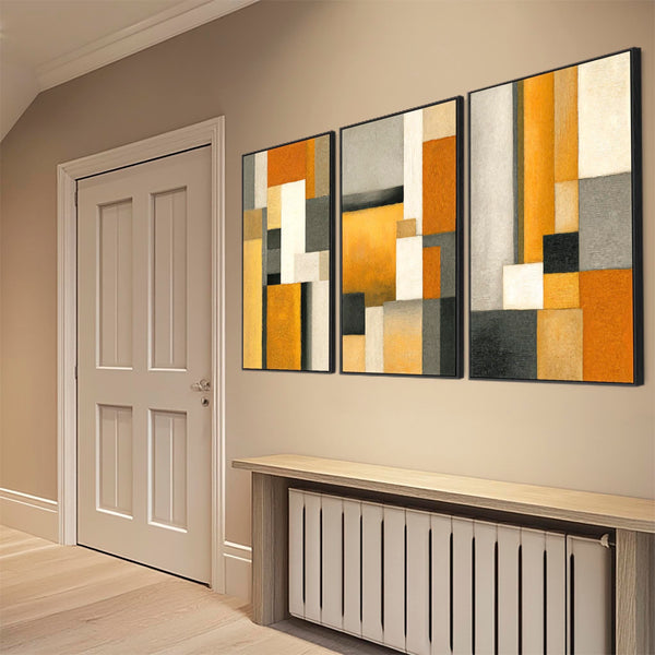 Set of 3 Mustard Yellow Orange Abstract Wall Art Framed - Geometric Warmth
