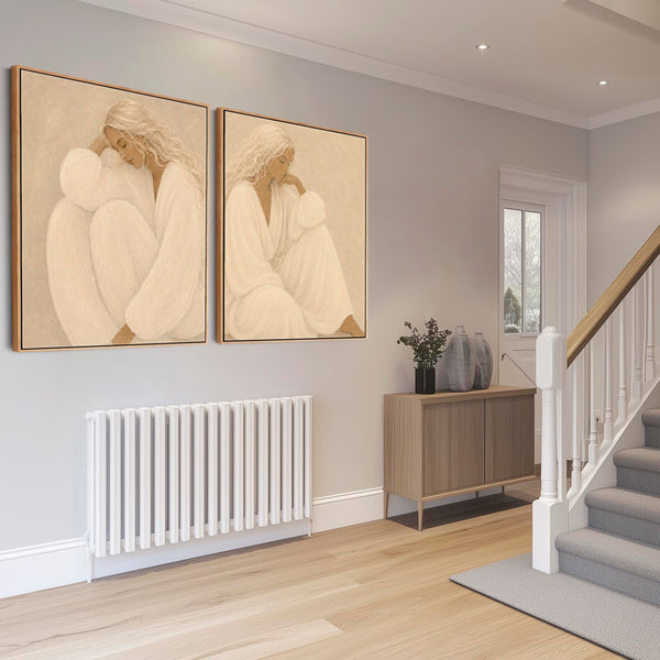 Pair of Framed Bedroom Art - Thoughtful Moment - Neutral Beige - Set of 2