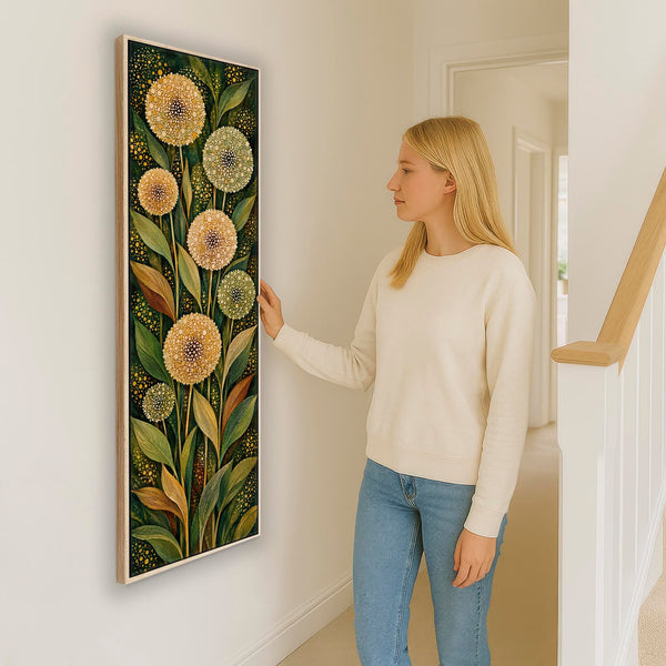 Tall Hallway Framed Canvas - Green Cream Upright Art for Hall