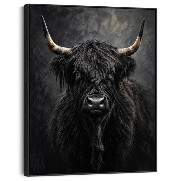 Hamish - Black and Cream Highland Cow - Framed Canvas Art Print
