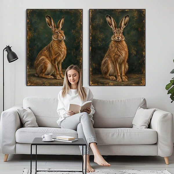 Brown Hares Framed Canvas Art Set of 2 - Waiting for Moonlight