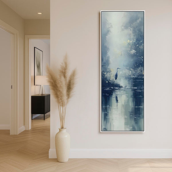 Tall Heron Bird Lake Framed Canvas Wall Art - Misty Blue Grey
