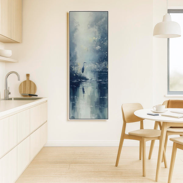 Tall Heron Bird Lake Framed Canvas Wall Art - Misty Blue Grey
