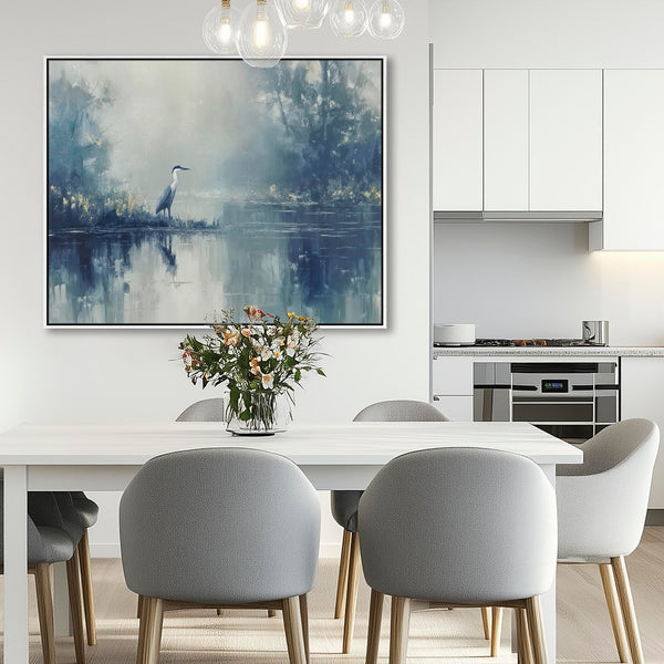 Heron Bird Misty Lake Framed Canvas Wall Art Print - Blue Grey