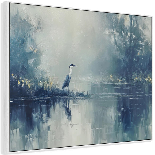 Heron Bird Misty Lake Framed Canvas Wall Art Print - Blue Grey